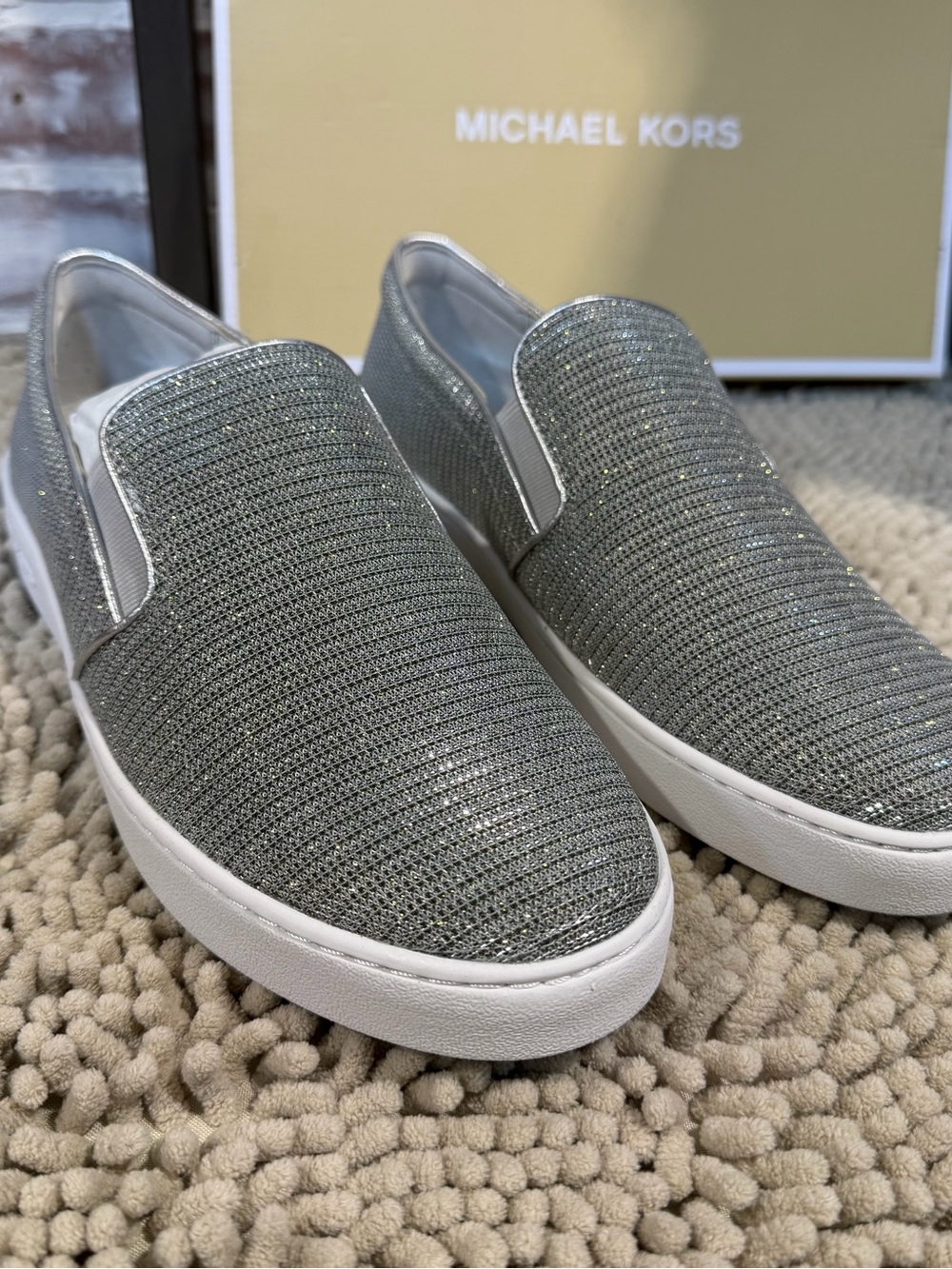 Michael Kors Kids Silver Glitter Slip-On Sneakers with White Sole